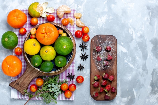 Free Photo top view sour fresh tangerines with lemons and plums on light white surface