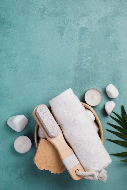 Free photo top view spa towel with brush and soap