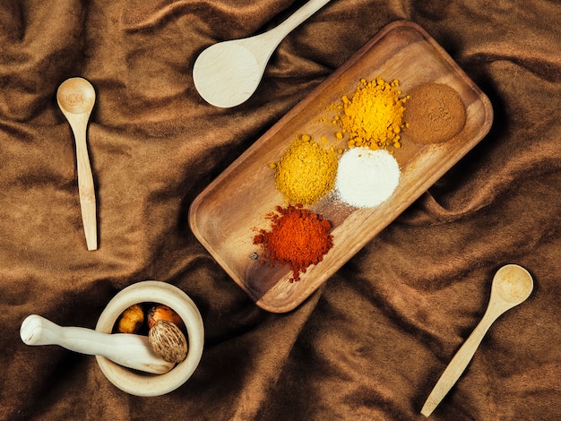 Top view of spices on cloth