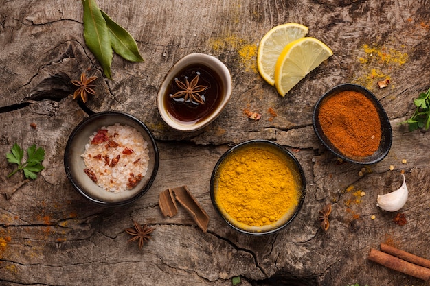 Top view spices and lemon slices