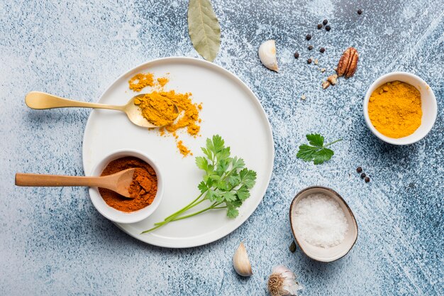 Top view spices on plate arrangement