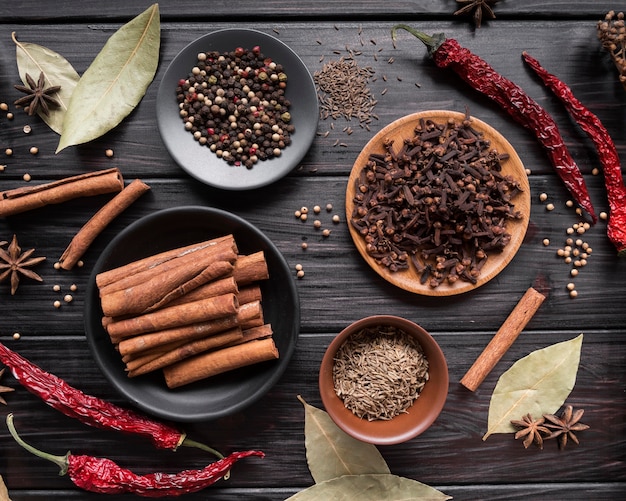 Free photo top view spices on wooden background