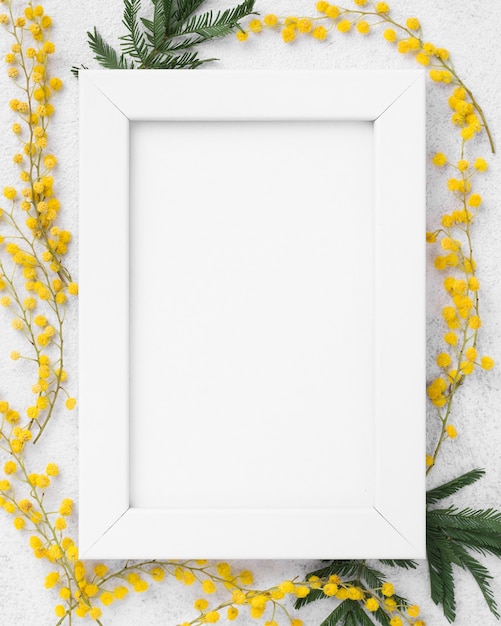 Free photo top view spring flowers and frame