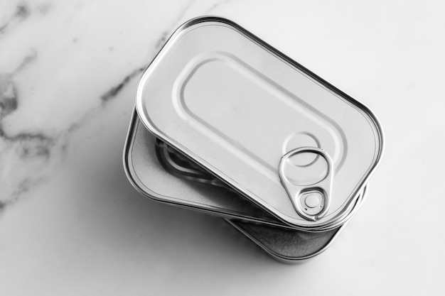 Top view stack of silver tin cans