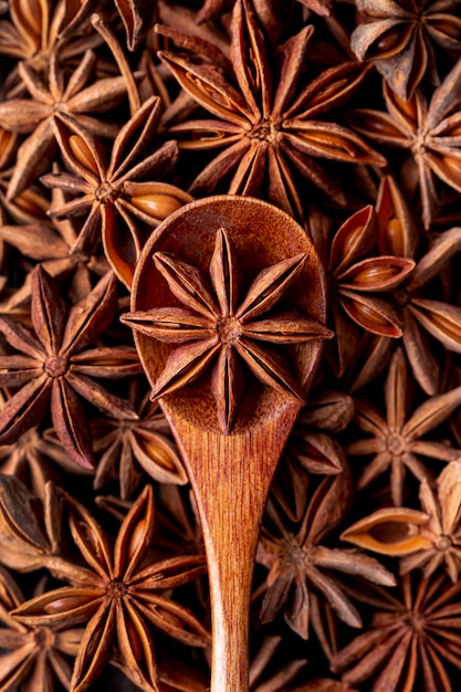 Free Photo top view of star anise spice and spoon