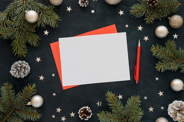 Top view stationery empty papers and red pen