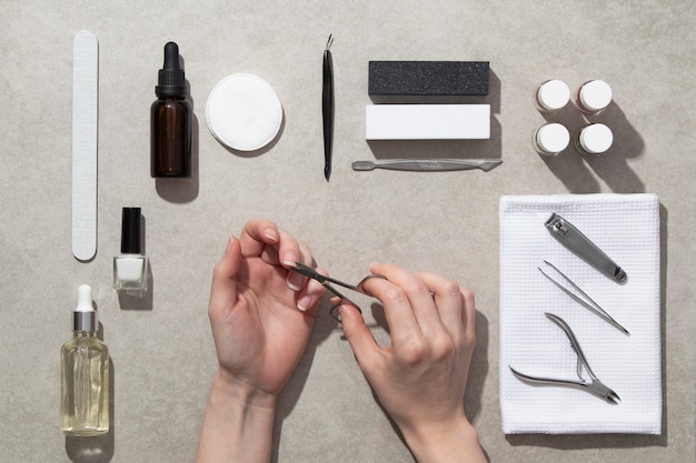 Top view still life composition of nail care products