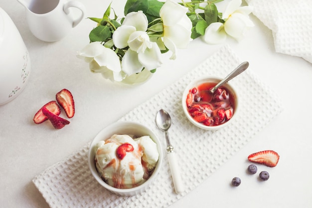 Top view strawberry ice cream dessert