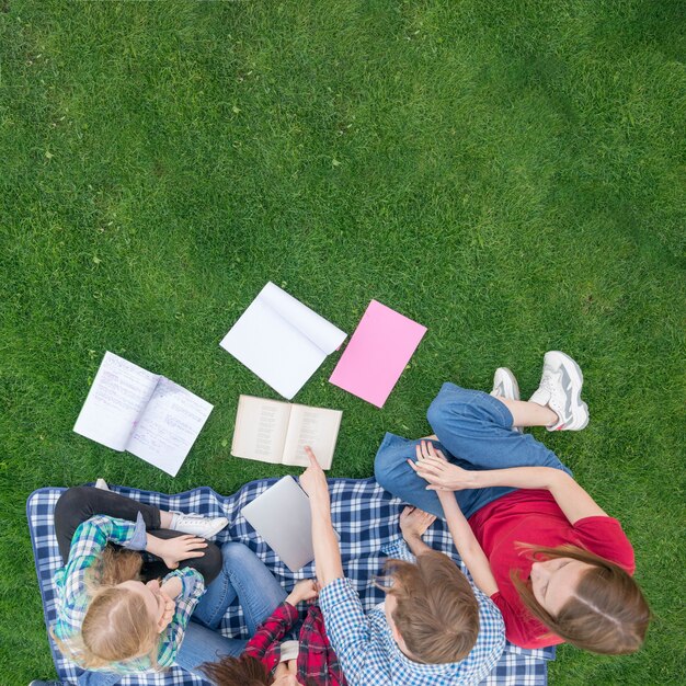 Top view of students with books on grass