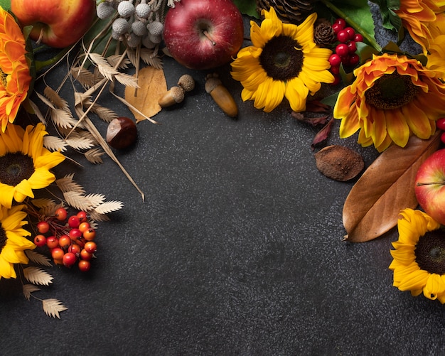 Free photo top view of sunflowers frame with apples