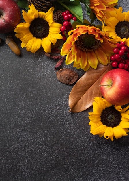 Free photo top view of sunflowers frame with apples