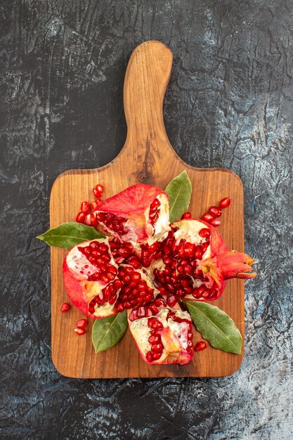 Top view of sweet sliced pomegranates