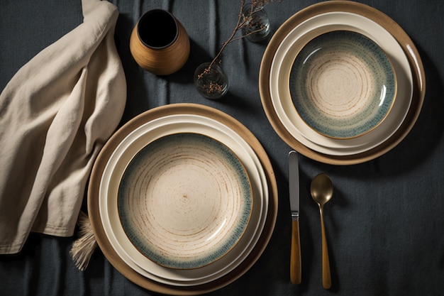 Top view of table arrangement with empty dishes and tableware