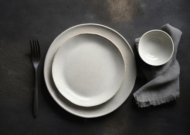 Top view of table arrangement with empty dishes and tableware