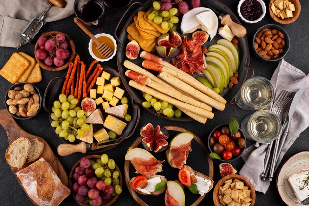 Top view table full of delicious food arrangement