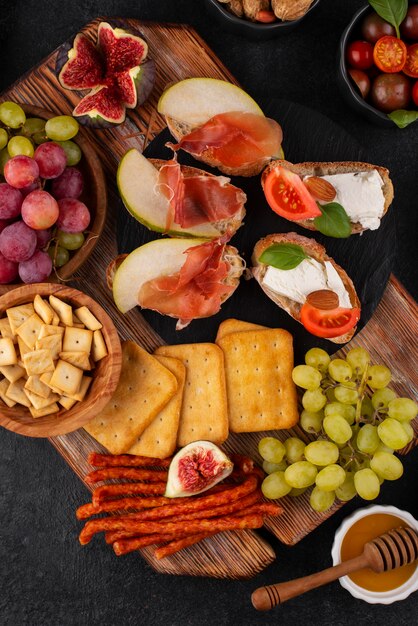 Top view table full of delicious food arrangement