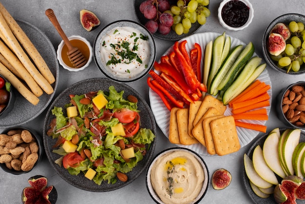 Top view table full of delicious food arrangement