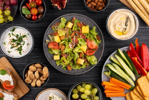 Top view table full of delicious food assortment