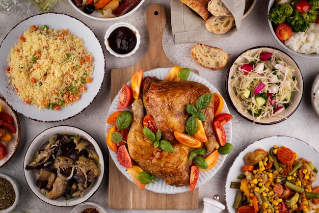 Top view table full of delicious food composition