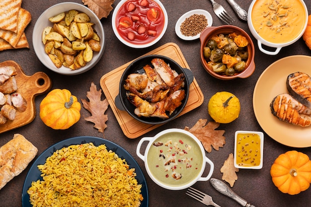 Top view on table full of food