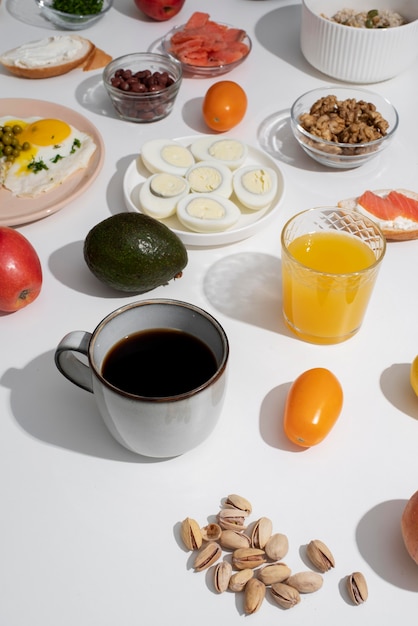 Top view on table full of various types of food