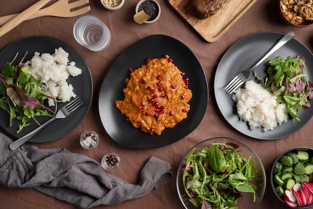 Top view on table full of various types of food