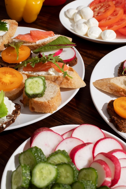 Top view on table full of various types of food