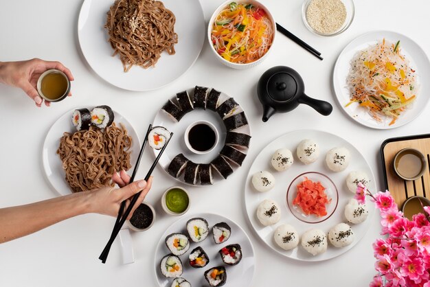 Top view on table full of various types of food