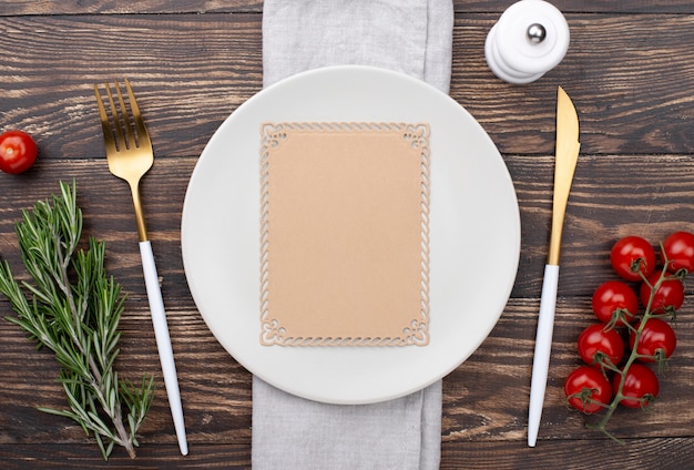 Top view table setting with healthy ingredients