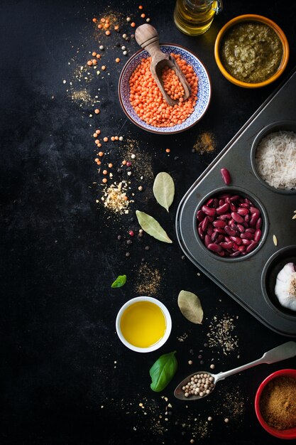 Top view of table with ingredients to cook lentils