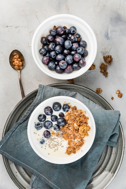 Top view tasty breakfast with blueberries