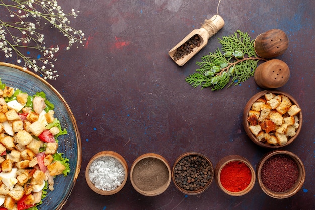 Free photo top view tasty caesar salad with different seasonings on dark surface