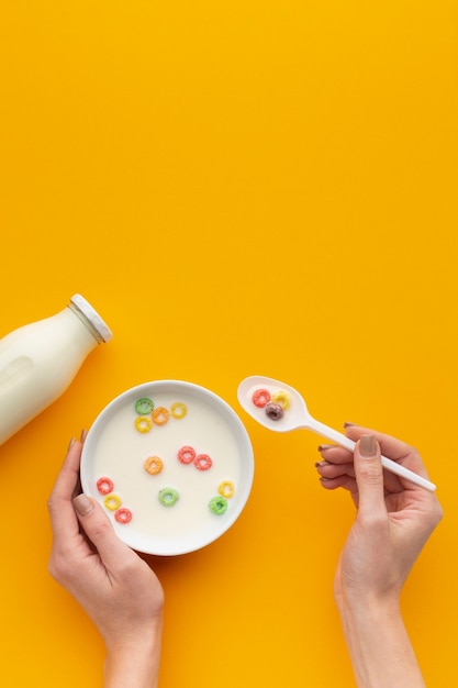 Free photo top view tasty cereal bowl with milk