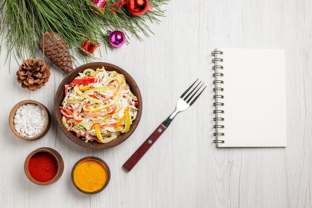 Top view tasty chicken salad with seasonings on the white desk meat fresh meal snack salad