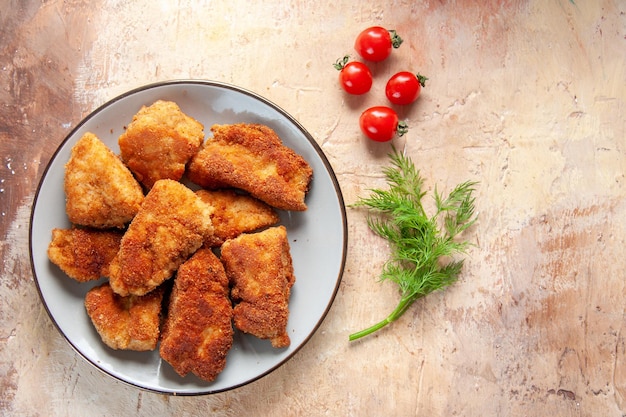 Top view tasty chicken wings inside plate on brown surface burger meal food dinner fries meat lunch sandwich