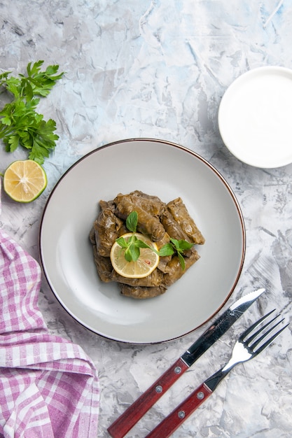 Free Photo top view of tasty leaf dolma inside plate on a white surface