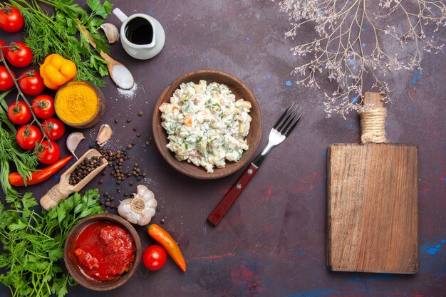 Top view tasty mayyonaise salad with greens and vegetables on a dark background meal food salad snack lunch