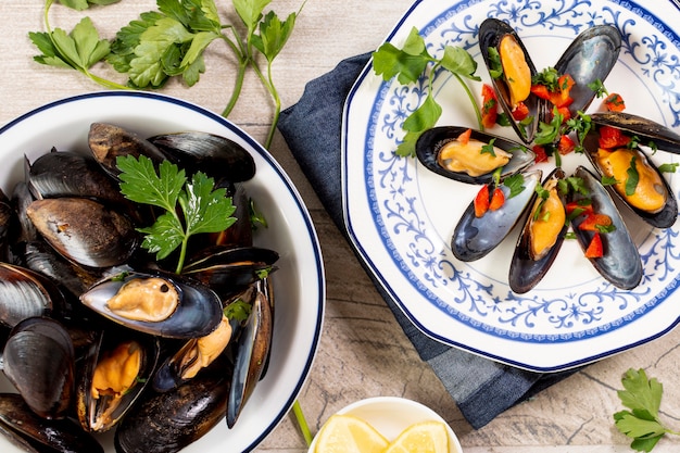 Free Photo top view tasty mussel shells on a plate