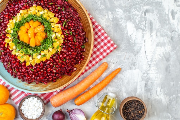 Top view tasty pomegranate salad on white table diet health salad food birthday meal fruit