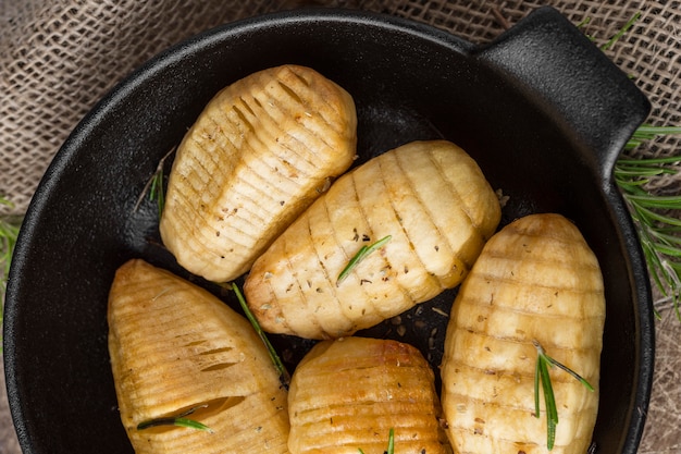 Top view tasty potatoes in bowl