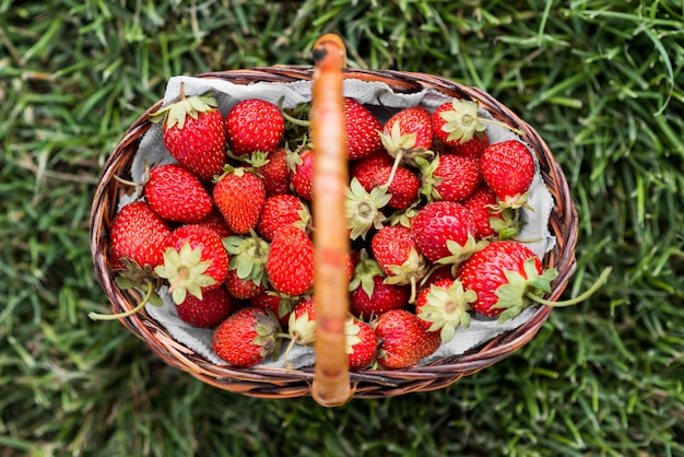 Top view tasty strawberry basket