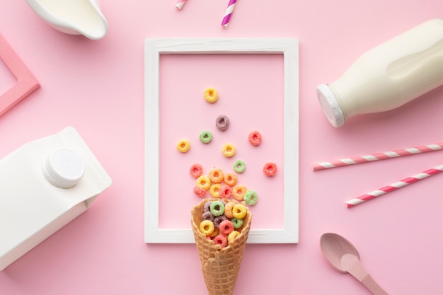 Free Photo top view tasty sugar cone with cereal