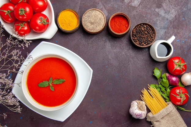 Top view of tasty tomato soup with fresh red tomatoes and seasonings on dark