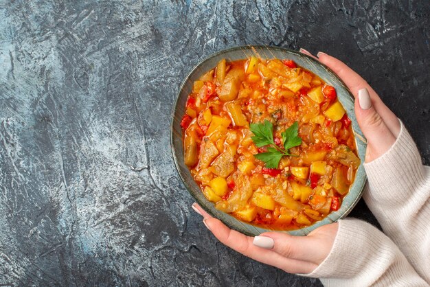 Top view tasty vegetable meal inside plate on light gray background food dinner meal color kitchen color female