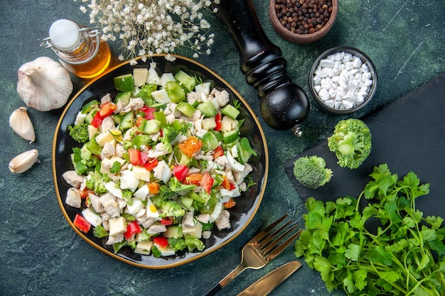 top view tasty vegetable salad with cheese on dark background restaurant meal color health diet food fresh cuisine lunch