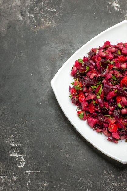 Top view tasty vinaigrette salad with beets and beans on grey surface