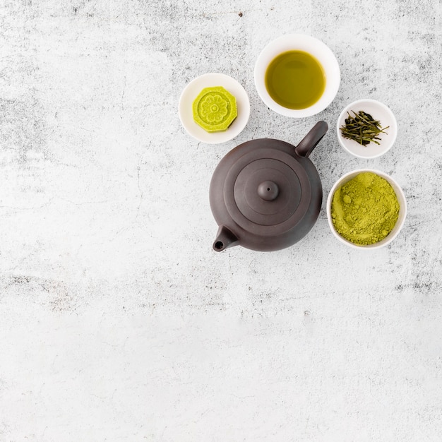 Top view tea pot with matcha chai