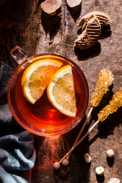 Top view tea with lemon slices