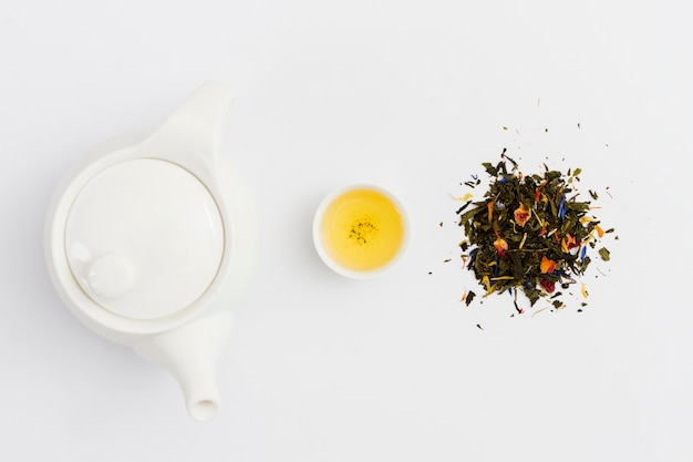 Top view teapot with cup and leaves