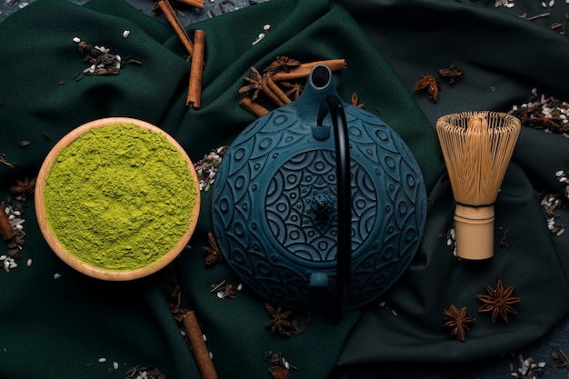 Top view teapot with green matcha